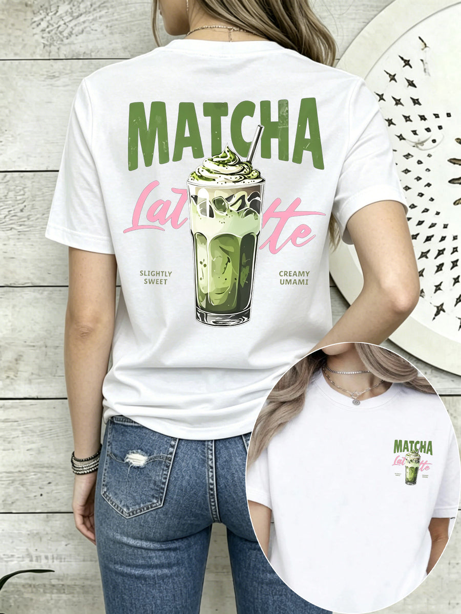 Short Sleeve T-Shirt with Front And Back Panels - Matcha Latte, Japanese Dessert Fashion Print - Women'S Spring Summer Trendy Printed T-Shirt, Fashion Item - White