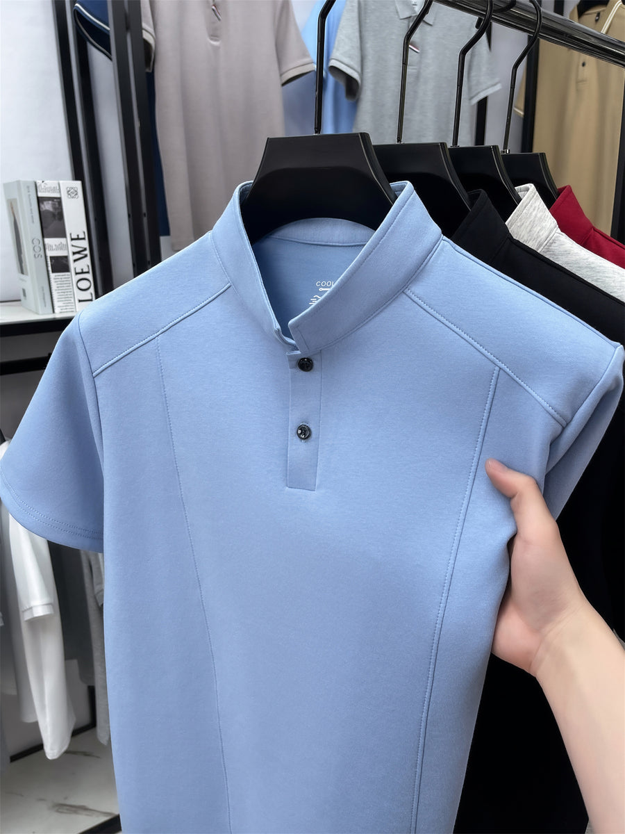 Men'S Stand-Up Collar Short-Sleeved T-Shirt, Men'S Retro High-End Summer New Shoulder-Padded Slimming Half-Sleeve Polo Shirt, Men'S Yao Can - Sky Blue