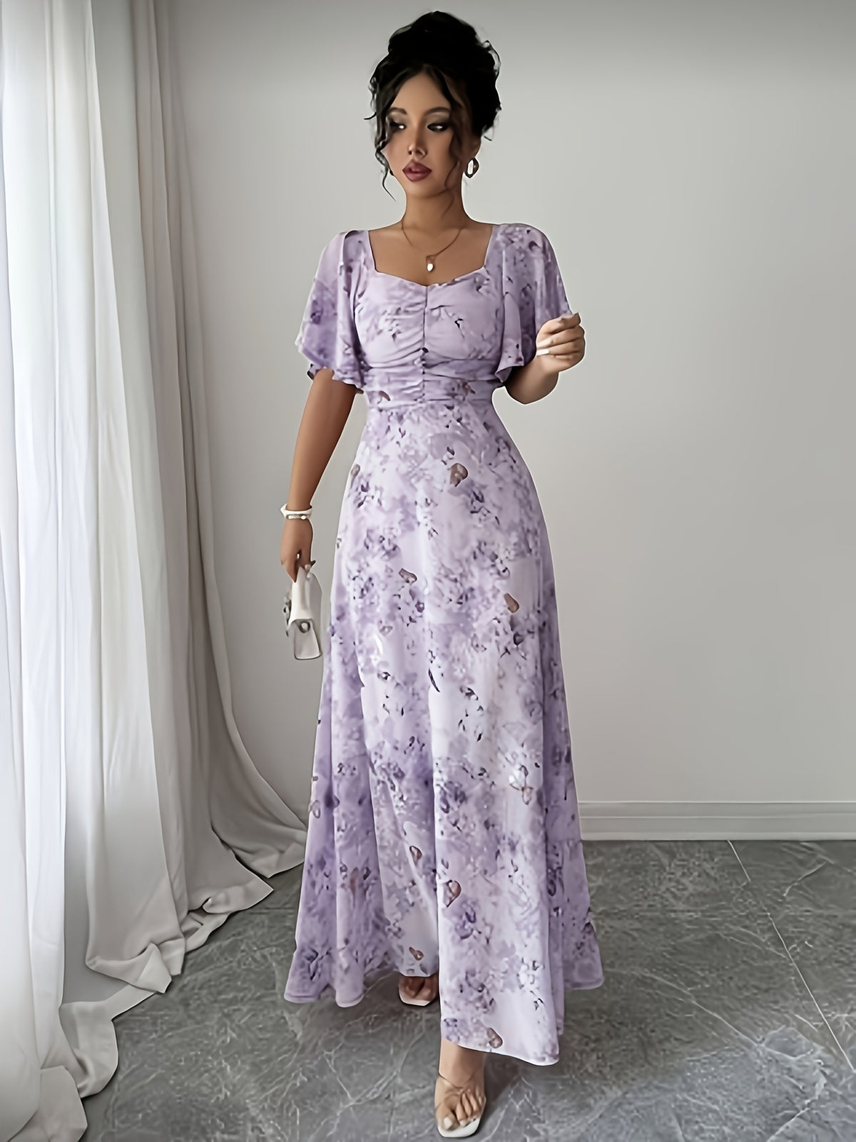 Elegant Everyday Casual Women's Chiffon Butterfly Print Batwing Sleeve Drawstring French-Style Sweet Summer Maxi Dress - Lavender