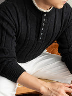Men's 2-in-1 Look Henley Neck Cable Knit Sweater, Suitable for Commuting and Daily Wear, Ideal for Wearing Alone in Spring and Autumn, or as a Layering Piece in Winter. -SINBOS - Black