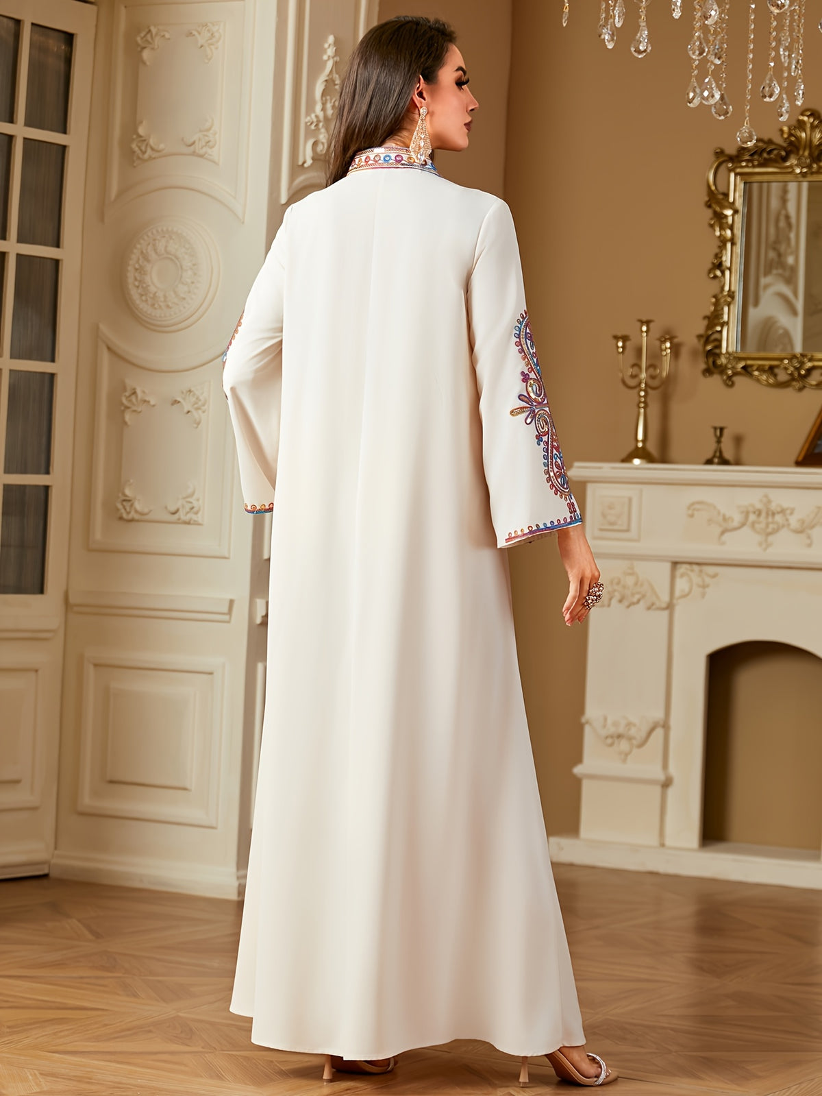Middle Eastern Ramadan Fashion Beaded Rope Embroidery V-Neck Long Sleeve Dress - Apricot
