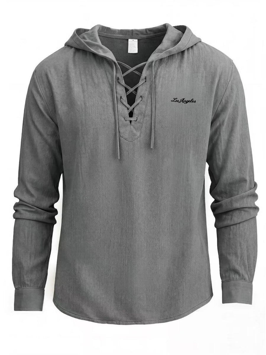Men'S Linen Shirt, Multi-Scene Versatile Hooded Drawstring Long Sleeve Style, V-Neck Cross-Tie Rich Design Detail, Small Floral Los Angeles Print Easy Accent Shirt, Adjustable Drawstring, Suitable for Home And Outings, Casual Dates, And Leisure - Dark Gray