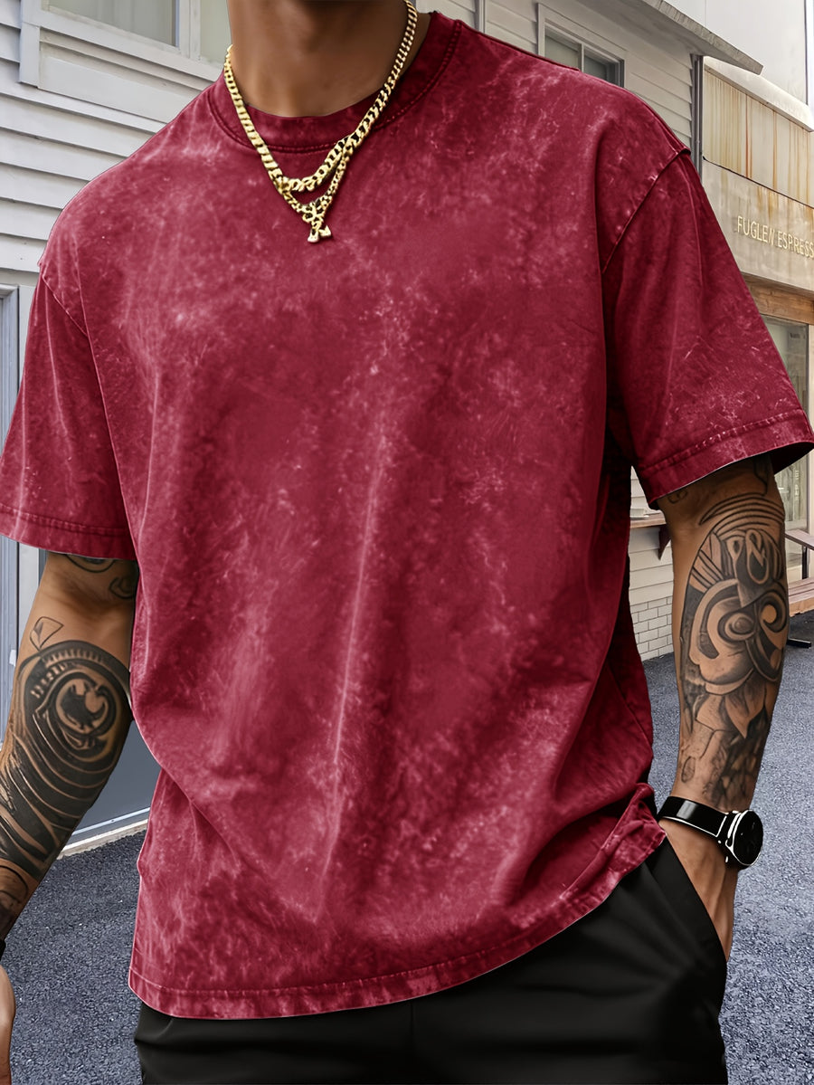 Men'S Heavyweight Short Sleeve Washed Distressed Fashion T-Shirt, Skin-Friendly And Breathable, Vintage Compass Eagle Arrow Geometric Line Print, Western High Street Hip-Hop Street Style, Pure Skin-Friendly Non-Sheer Material - Red