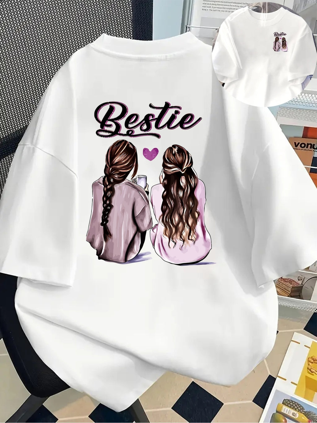 Bestie, Best Friends Print Tshirt Short Sleeve Crew Neck Casual Top for Summer Spring, Women's Clothing - White