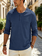 Men's Henley Long Sleeve T Shirts, Solid Color Crew Neck Pullover Tops with Chest Pocket, Breathable Soft Casual Loose Fit Long Sleeve Shirts, All Seasons Basic Undershirt for Daily Commute Outdoor, Versatile Minimalist Men Clothing Multiple Sizes& - Blue