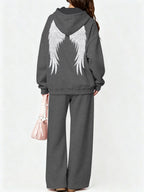 Halloween 2027NEW 2pcs Women's AutumnWinter Hooded Sweatshirt And Wide-Leg Pants Suit Kangaroo Pocket Long-Sleeve Jacket Wide-Leg Pants Suit Casual S Loose Suit Christmas Black Friday Cyber (27) - Deep Gray