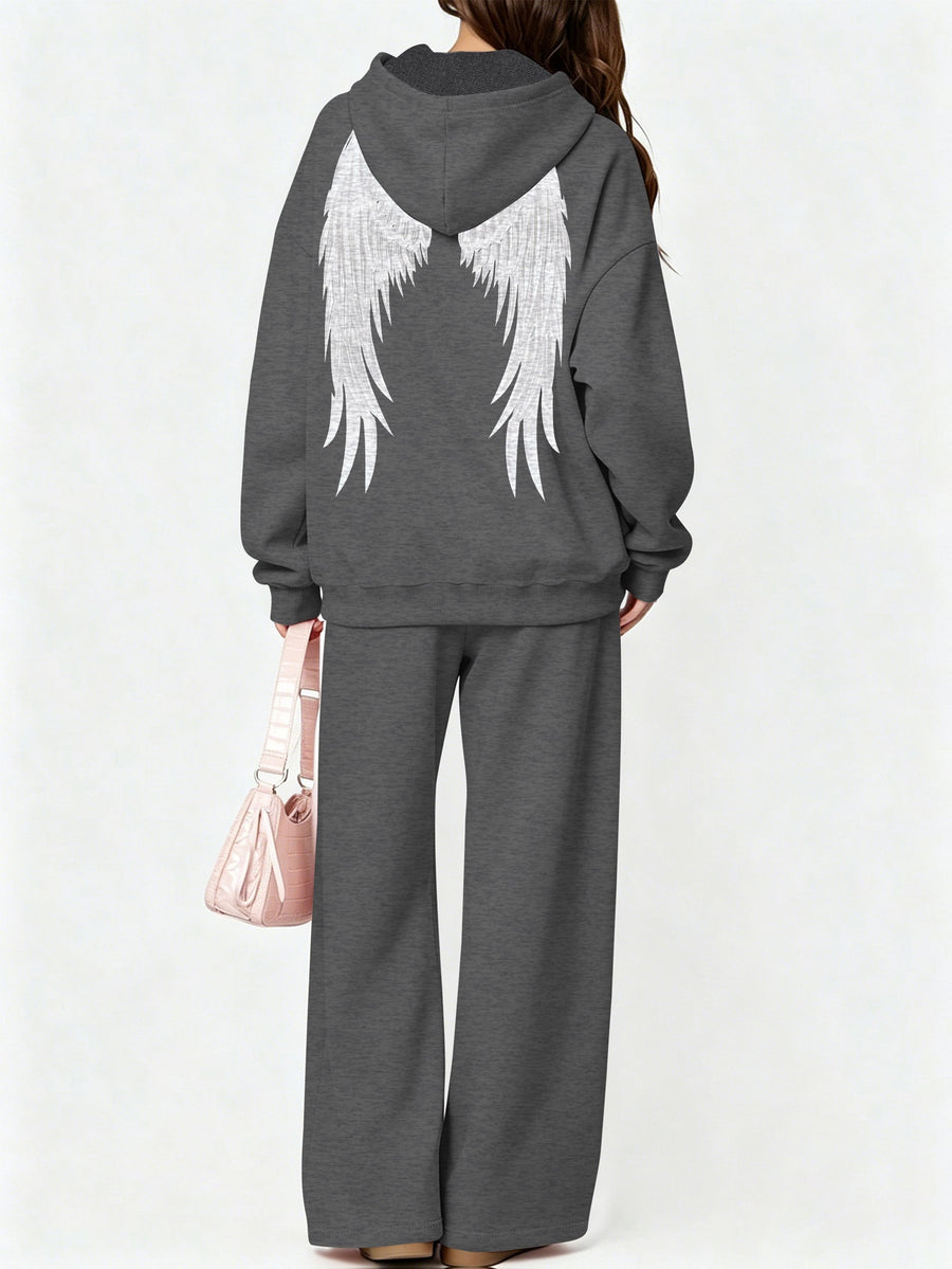 Halloween 2027NEW 2pcs Women's AutumnWinter Hooded Sweatshirt And Wide-Leg Pants Suit Kangaroo Pocket Long-Sleeve Jacket Wide-Leg Pants Suit Casual S Loose Suit Christmas Black Friday Cyber (27) - Deep Gray