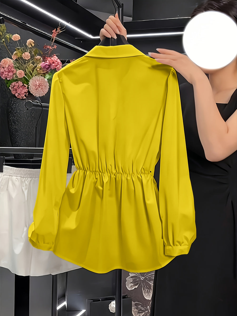 High-End Feel Commuter Versatile Exquisite Women's Shirt, Spring/Summer New Arrival Long-Sleeve Top, Waist-Cinching Stylish Blouse - Yellow