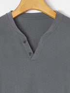 Men'S Summer Solid Short Sleeve T-Shirt, Button-Up V-Neck Casual Top, Soft And Comfortable Linen Fabric, Suitable for Daily Home And Outdoor Wear - Dark Gray
