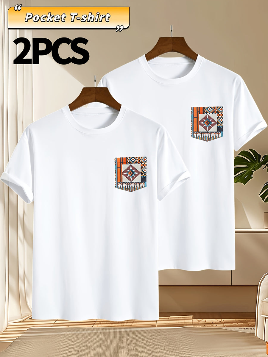 2pcs Men's Round Neck Pocket Short-Sleeve T-Shirt, Suitable for Summer Outdoor Casual Wear, Versatile Casual Knit Top, Men's Casual Pocket Design Sport T-Shirt - White