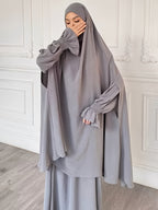 Abaya Middle Eastern Islamic Clothing Loose Comfortable Robe Headscarf with Long Sleeve Dress Two-Piece Set P403 - Space Gray