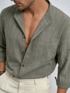 Men'S Spring Summer Retro Texture Breathable Button-Up Collar Shirt Casual Fashion Street Commute Top - Linen