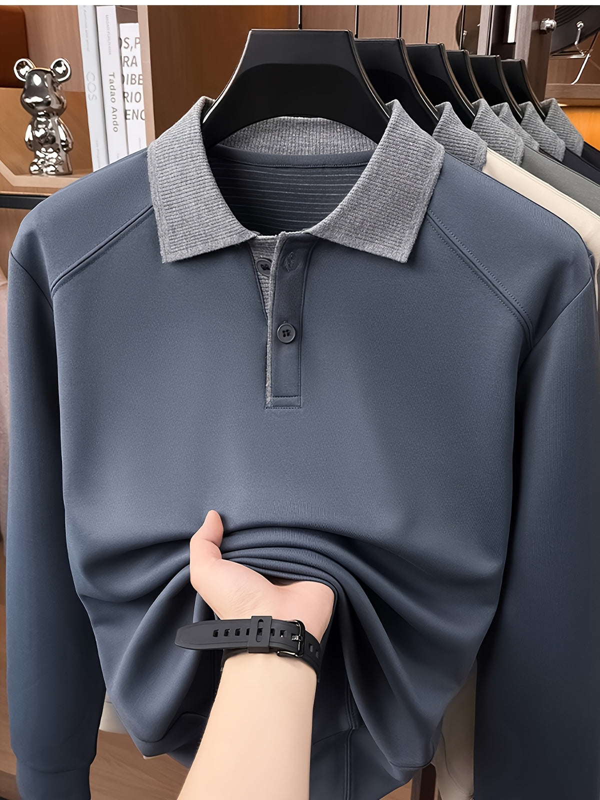 Autumn Contrast Collar Long Sleeve Polo Shirt, Men'S Drop Shoulder Knit Pullover, Spring Autumn Business Casual Base Layer Top, Loose Patchwork Collar T-Shirt, Casual Fishing Top - Grey-blue