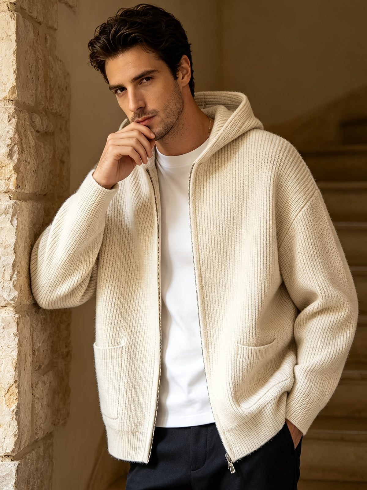 Men'S Fashion Sweater Men'S Knit Cardigan Jacket Top Easy Autumn Winter Trendy Cool Handsome Hooded - 10742-6059 Jiang Xue