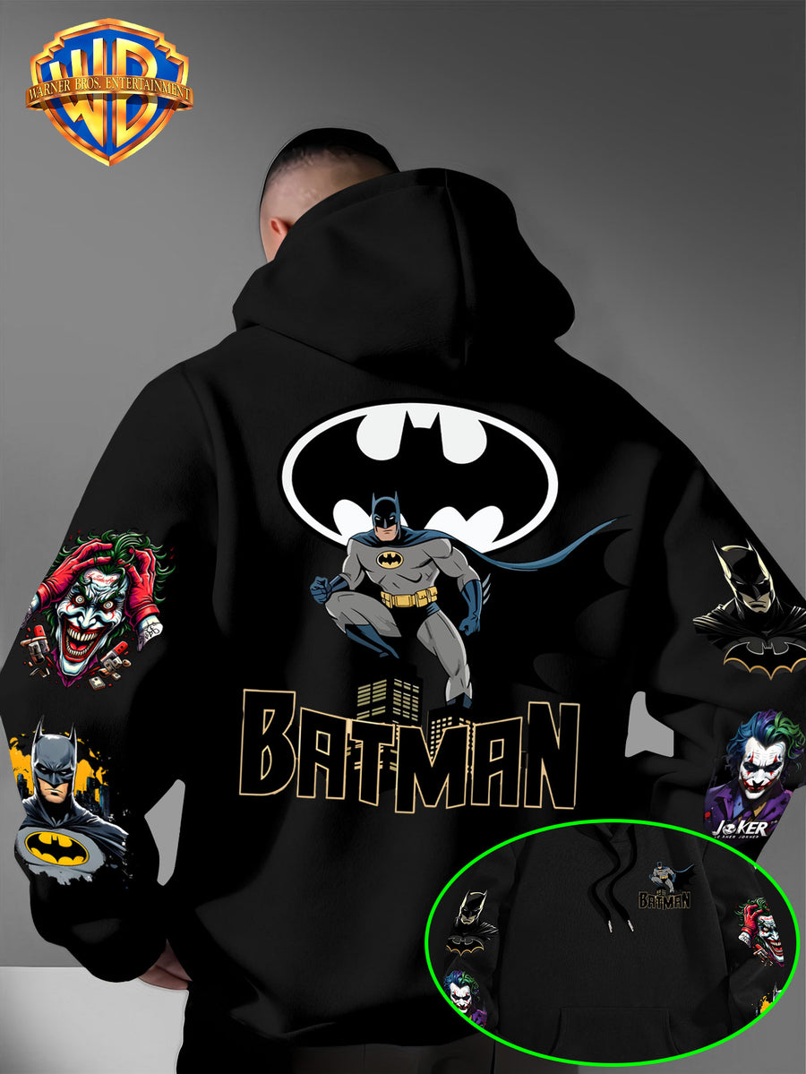 DC Batman Joker IP Official Hooded Sweatshirt with Gotham Crouching Batman on the Back + Bat Logo Themed Print, Drawstring Loose Hoodie, Wear-Resistant and Wash-Resistant Autumn/Winter Trendy Top - Black