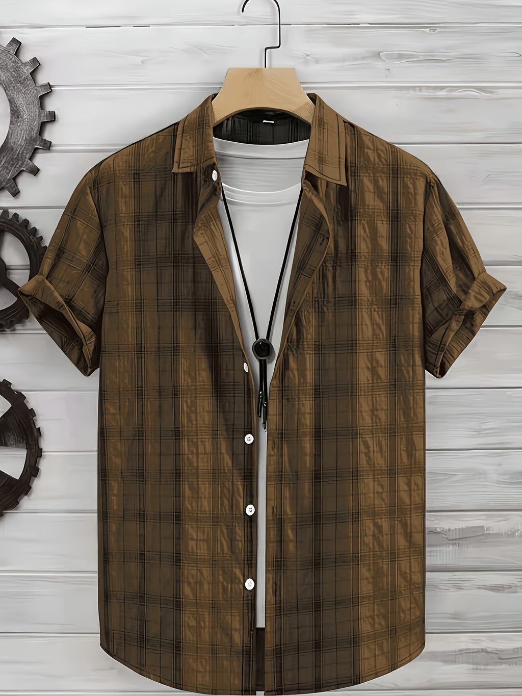 Men's Summer Casual Texture Checkered Short Sleeve Loose Fit Outdoor Trendy Fashion Front Closure Flap Collar Shirt - Coffee Color
