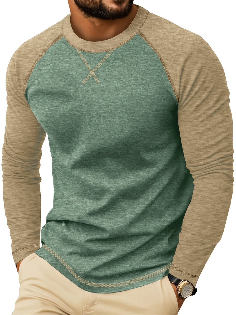 Cross-Border Men'S Long Sleeve Round Neck T-Shirt, Export European And American Men'S Clothing Color-Block Top Base Layer - Green