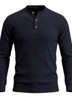 1pc Men'S Jacquard Long Sleeve Henley Shirt Solid Striped Textured Fabric with Stretch Street Style Casual Top for Autumn Winter Fashion White Matchable Pullover Base Layer - Navy Color