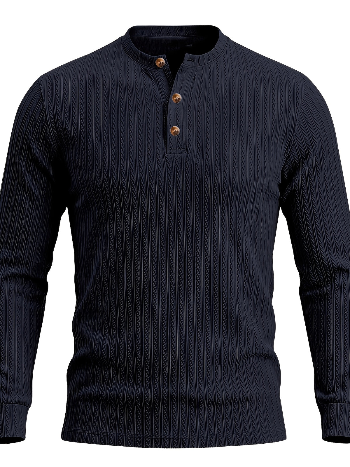 1pc Men'S Jacquard Long Sleeve Henley Shirt Solid Striped Textured Fabric with Stretch Street Style Casual Top for Autumn Winter Fashion White Matchable Pullover Base Layer - Navy Color