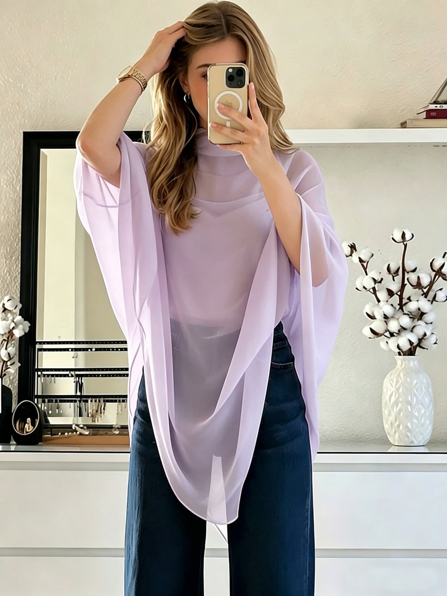 Women'S Asymmetrical Hem Chiffon Top, Casual Commute Blouse, Inner Layer Not Included - Light Purple