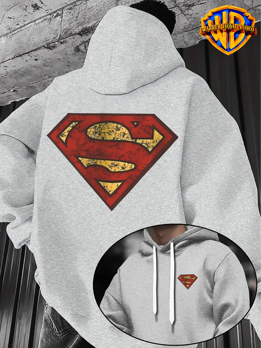 WB Warner Bros Official Superman Vintage Hoodie - Men's & Unisex Distressed Shield Logo Sweatshirt with S-Shield Back Print, Adjustable Hood, Loose Fit, Double-Sided Iconic WB Logo & Superman Emblem for Casual Wear, Machine Washable Warmth - Light Grey