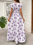 Women'S Fashionable Elegant Casual V-Neck Printed Dress - Purple