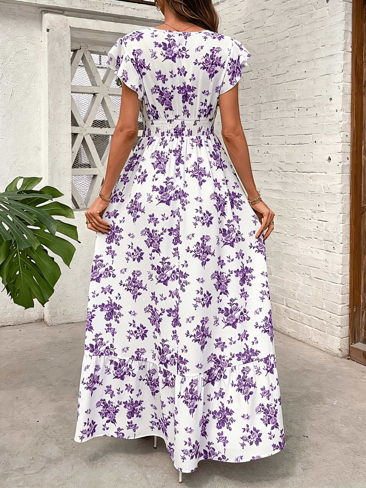 Women'S Fashionable Elegant Casual V-Neck Printed Dress - Purple