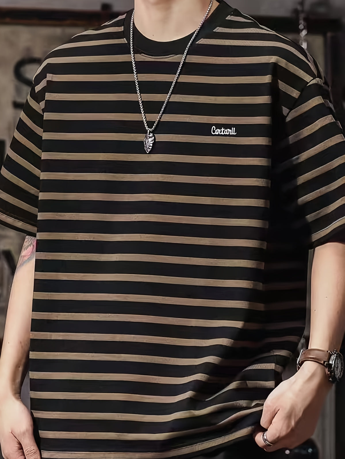 Printed Design - Not Textured Men's Trendy Fashion T-Shirt - A Must-Have for Young People, Suitable for Daily Casual Wear, Street Style, Crew Neck T-Shirt, Loose Fit - (Brown)