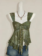 Women'S Ditsy Floral Asymmetrical Hem Cute Floral Top, Cute Summer Top Autumn Women'S Wear Niannian - Green