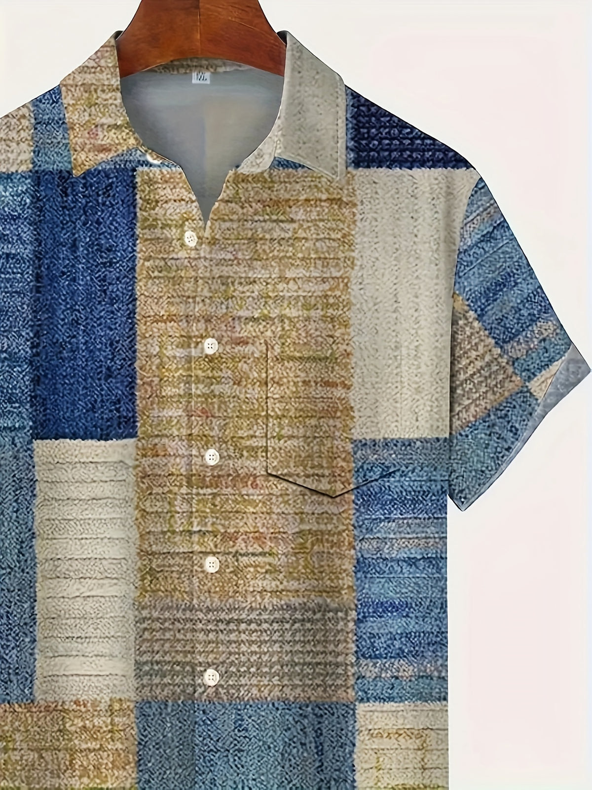 Men'S Vintage Geometric Pattern Short Sleeve Button Up Casual Shirt with Pocket, Fashion Top for Outdoor Activities Holiday As Gifts - Blue