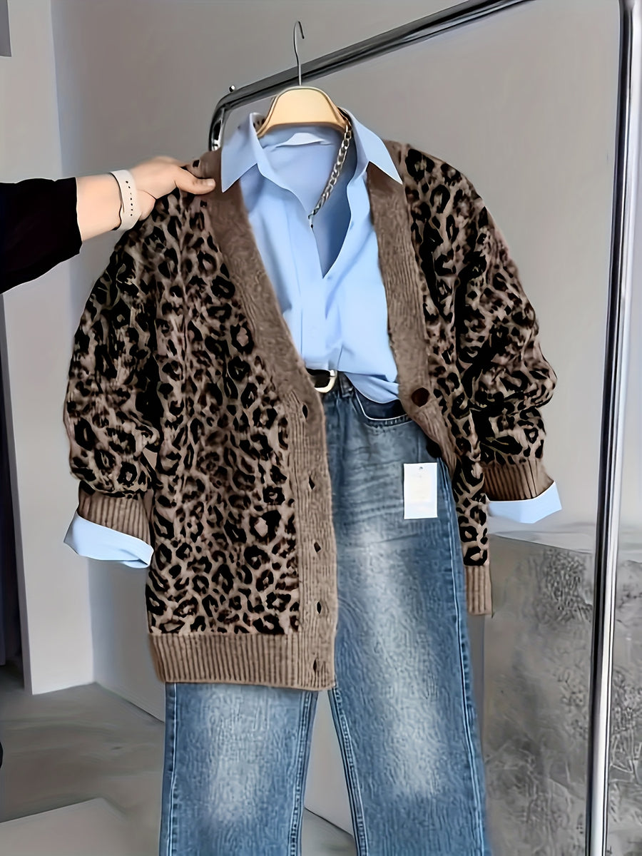 2025 Autumn New Loose Fit Fashionable Mid-Length Cardigan, Lazy Style V-Neck Leopard Print Patchwork Sweater, Gavin - Mixed colors