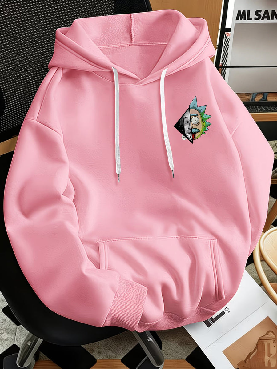 Warner Bros Official Men's Fashion Sweatshirt, Rick's Classic Catchphrase Collage Einstein Polaroid Print Design, Men's Fashion Hoodie Loose Fit with Adjustable Drawstring, -Lined Sweatshirt for Comfortable Fall/Winter Wear, Outdoor Sports Casual - Pink
