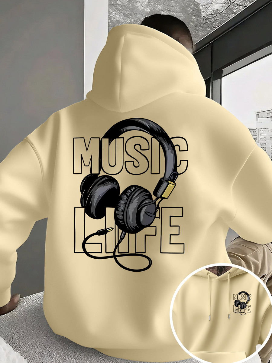 Men's New Trendy Hoodie, Casual Daily Drawstring Hooded Sweatshirt with MUSIC Print, Headphones, Front Kangaroo Pocket, Men's Top - Apricot