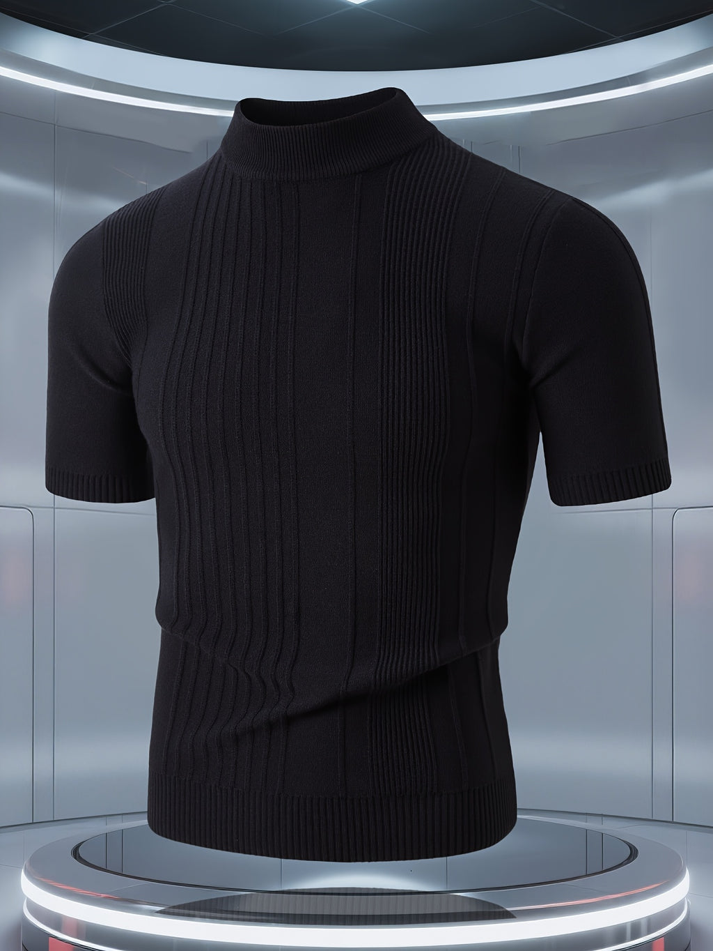 Men'S Short-Sleeved Knitted Shirt, Short-Sleeved Sweater with a Small Stand-Up Collar, T-Shirt Sweater That Can Be Worn in Spring, Autumn And Winter, Half-High Collar Short-Sleeved Knitted Sweater, Thick, Warm, Solid Color Base - Black