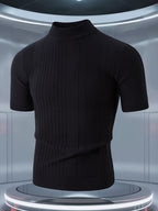 Men'S Short-Sleeved Knitted Shirt, Short-Sleeved Sweater with a Small Stand-Up Collar, T-Shirt Sweater That Can Be Worn in Spring, Autumn And Winter, Half-High Collar Short-Sleeved Knitted Sweater, Thick, Warm, Solid Color Base - Black