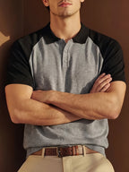 Men'S Color-Block Knit Polo Shirt, Summer Off-Shoulder Short Sleeve Top, Casual Versatile Breathable Base Layer, Light Mature Style Men'S POLO Sweater - Grey