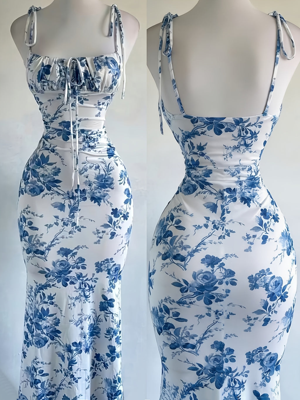 Y2K Vacation Floral Print Backless Long Fishtail Dress - Tie-String Straps, Fitted - Multicolor