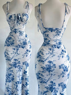 Y2K Vacation Floral Print Backless Long Fishtail Dress - Tie-String Straps, Fitted - Multicolor