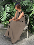 [Size for Regular Fit] Women's Simple Vacation Loose-Fit Comfortable Color-Block Contrast Trim Long Tank Dress - Linen