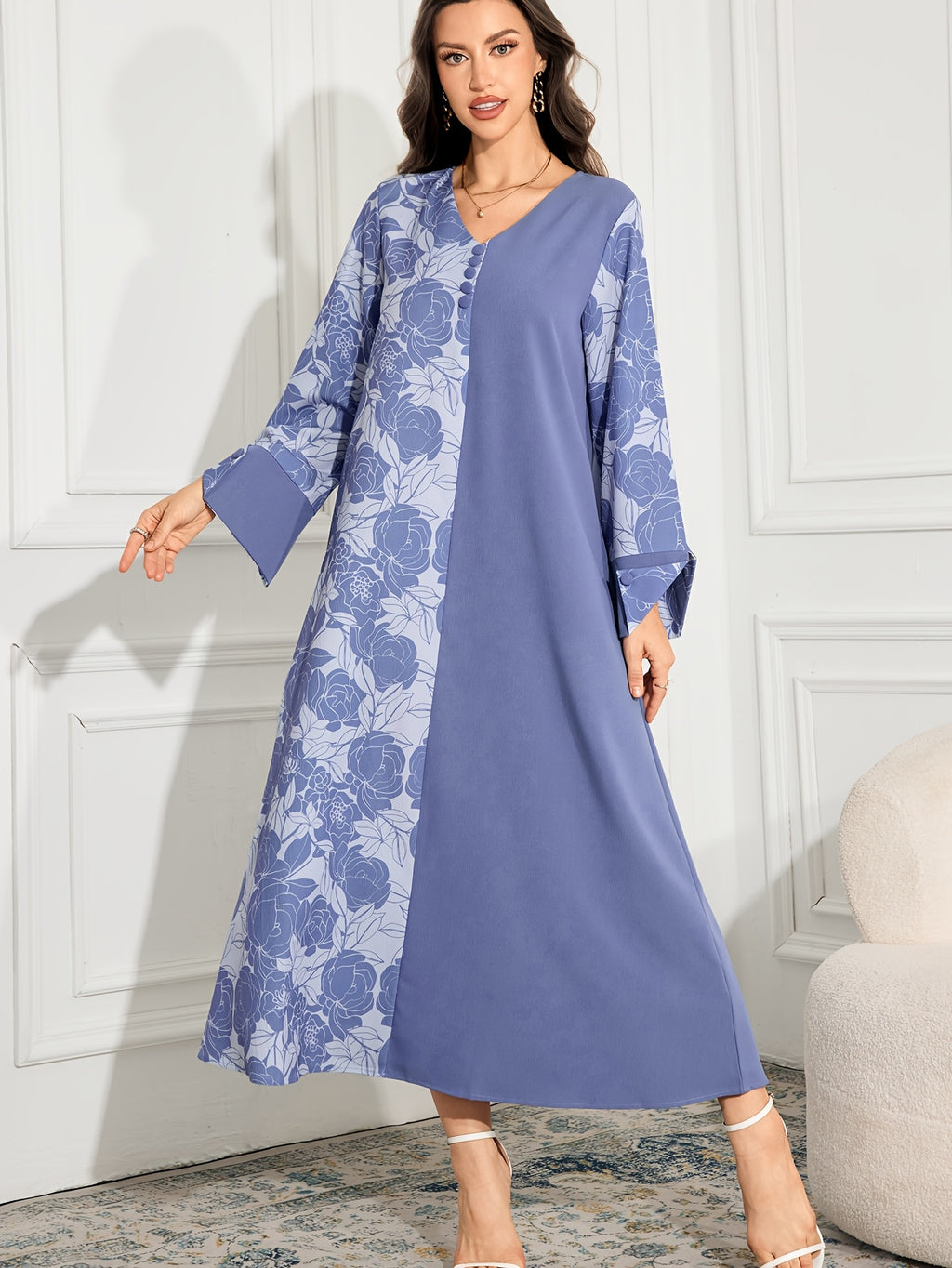 2026 Spring/Autumn New Women's Long Sleeve Printed Maxi Dress, Arabic Style Loose Fit Dress, Women's Casual Robe Long Dress 3071B - Blue