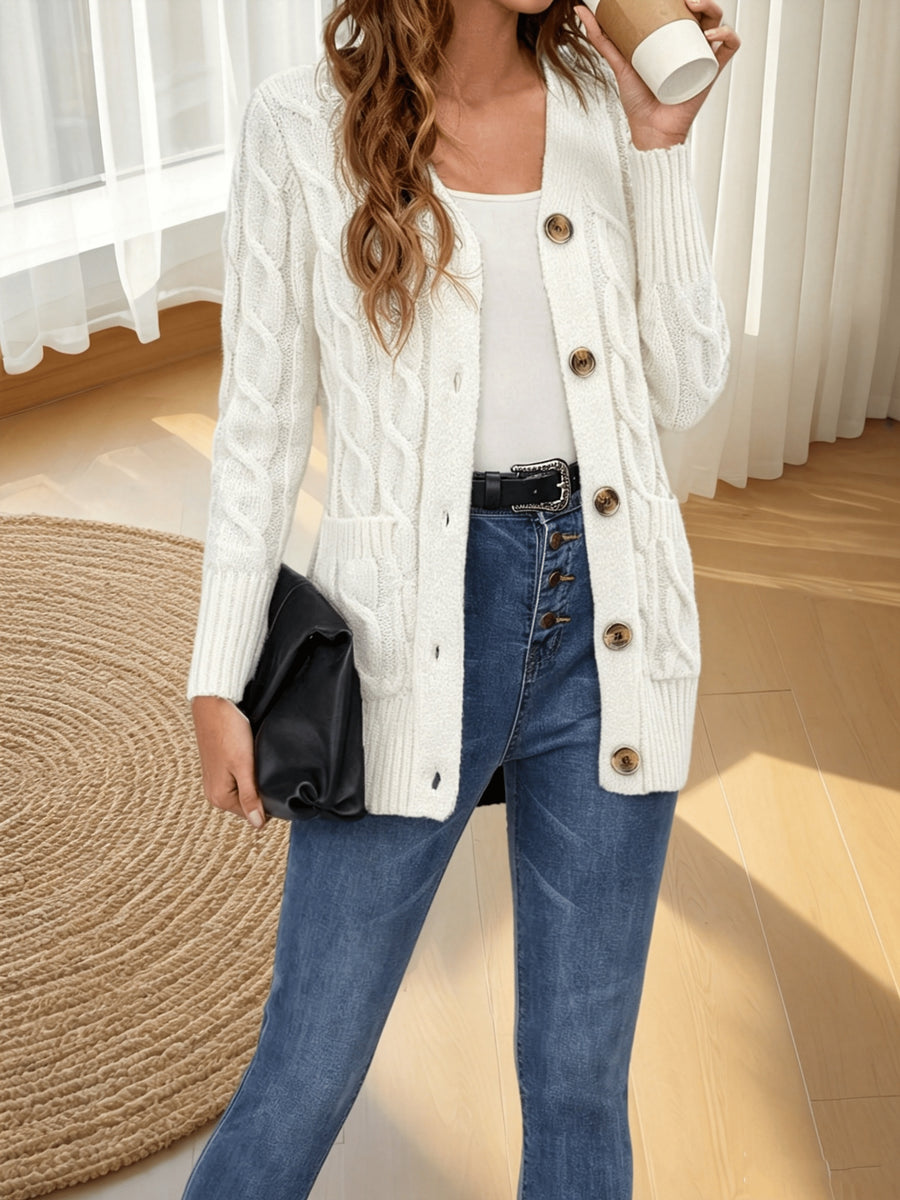 Solid Long Sleeve Cable Cardigan Women'S - White