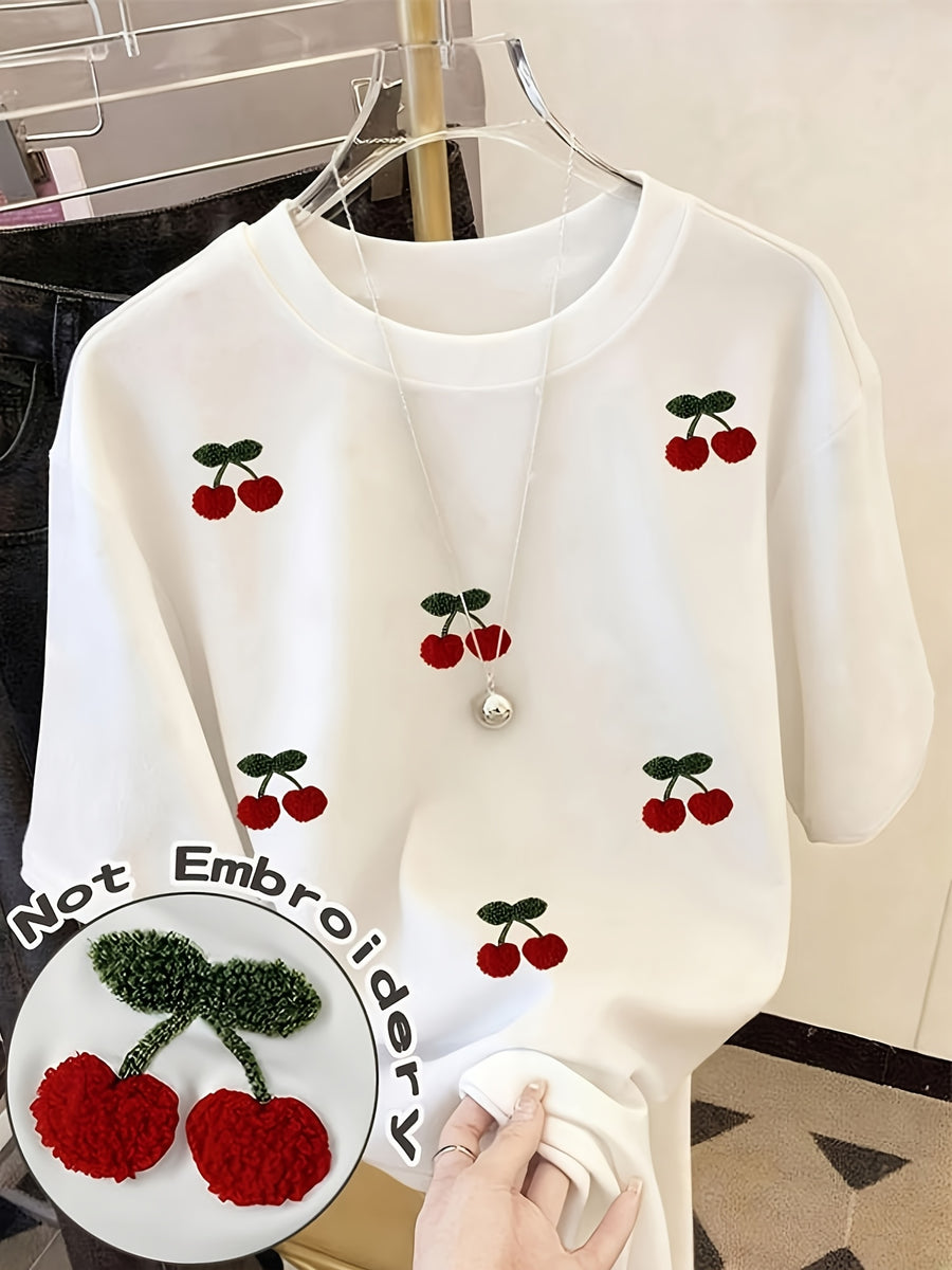 Women's Polyester Short Sleeve T-Shirt, Textured Red Cherry Printed Casual Top, Multiple Sizes Available, Comfortable Lightweight Summer Tee, Perfect for Daily Casual Wear & Outdoor Outings - White