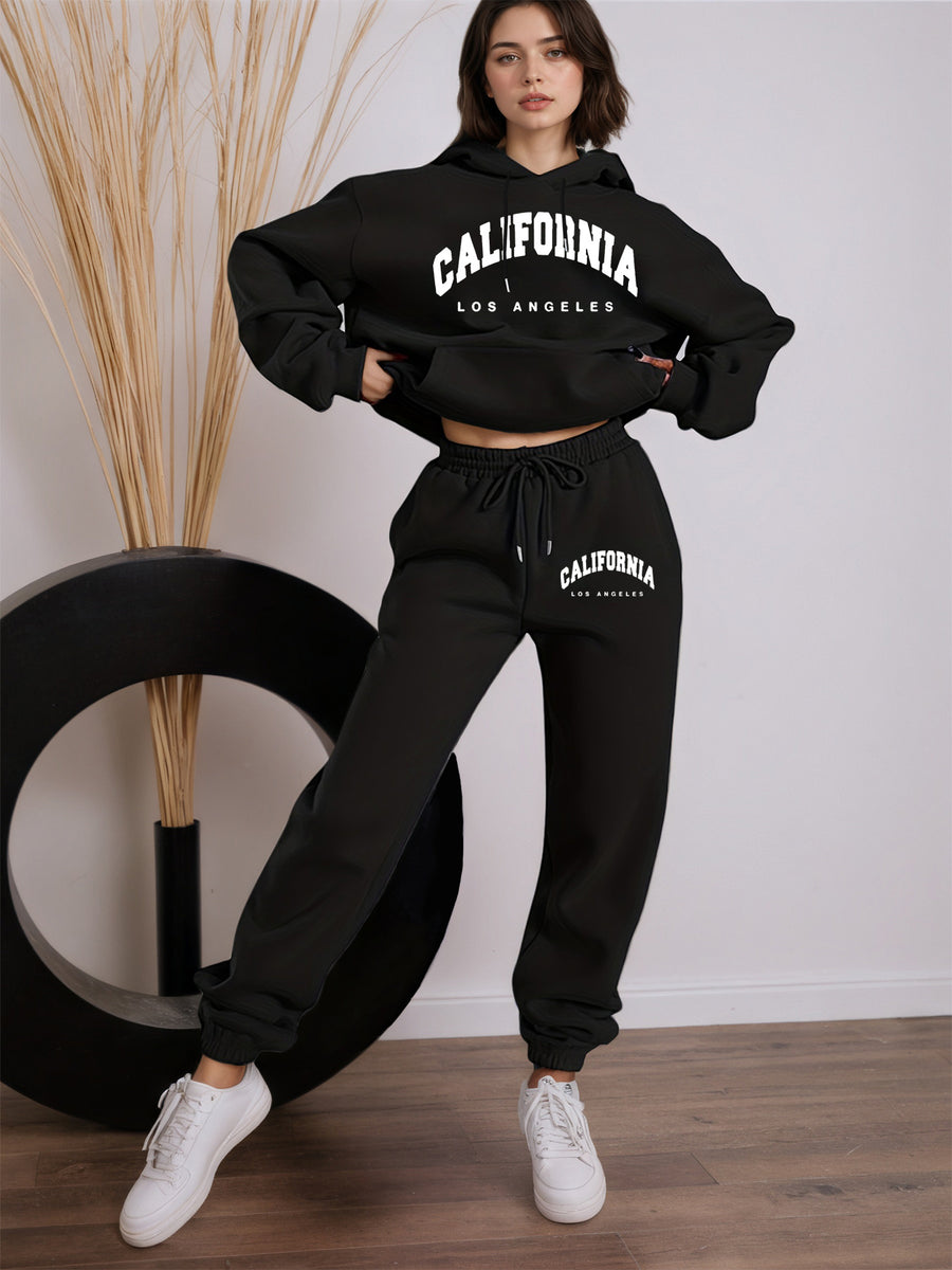 Women'S Slogan Print Drop-Shoulder Casual Hooded Pullover Sweatshirt with Casual Drawstring Sweatpants, Halloween Costume, Christmas Costume, Party Outfit, Parent- Outfit, Back-To- Autumn And Winter Two-Piece Set - Black
