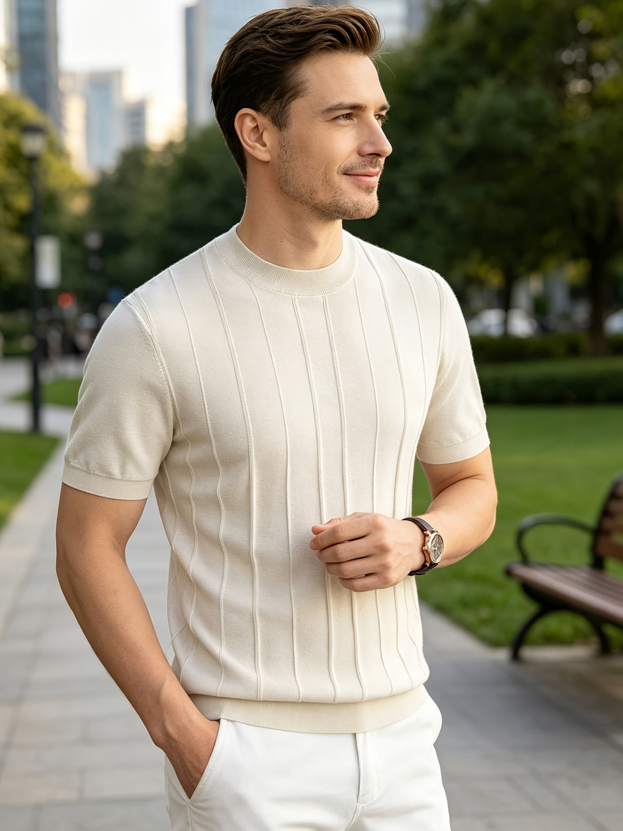 2026 Summer New Laysier And Linen Men'S Textured Vertical Pock-Dot Knit Short Sleeve Light Business Gentleman All-Match Round Neck Solid Color Casual T-Shirt - Ivory White
