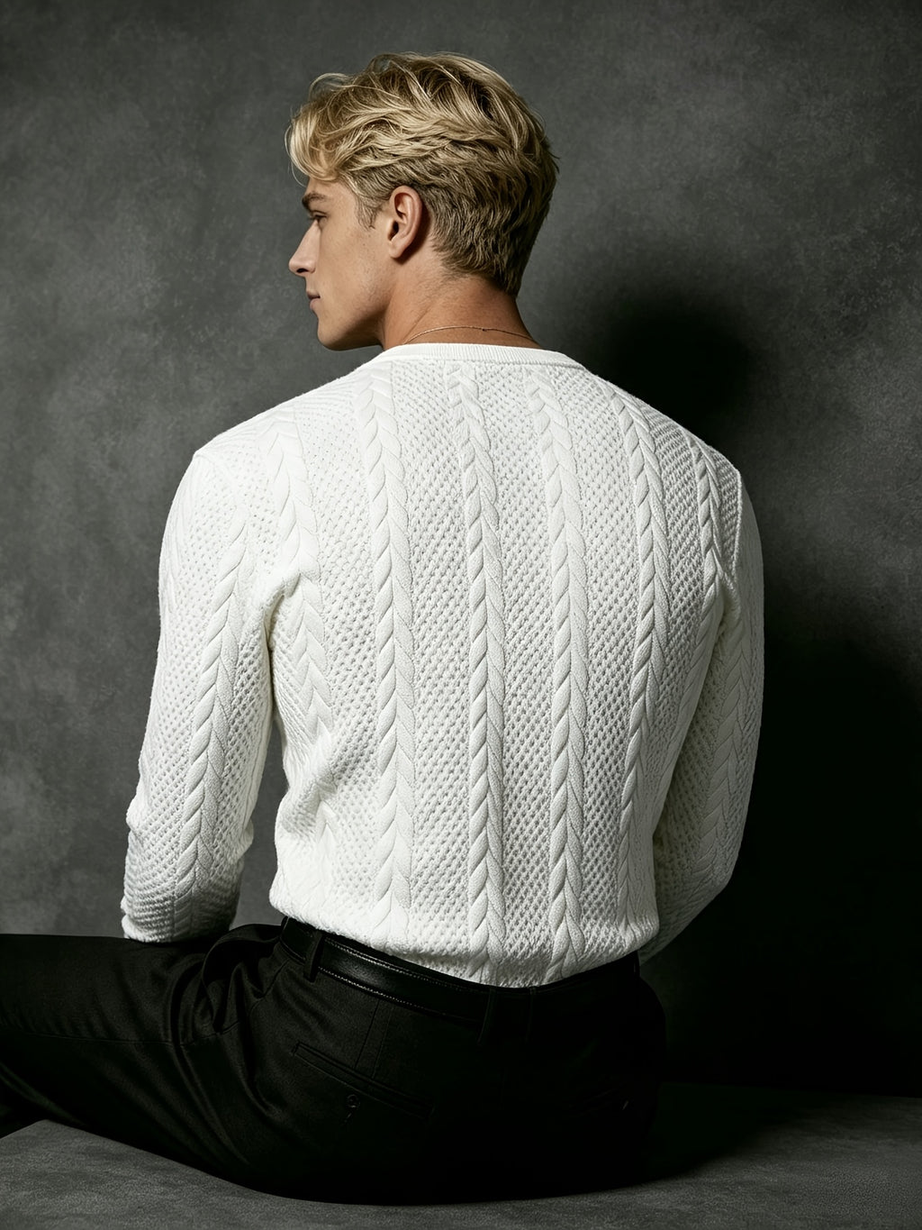 Autumn Men'S White Textured Henley Top, Half-Buttoned Jacquard Long Sleeve Knit Pullover, Korean Style Clean Fit for Men, Slight Stretch Regular Fit, Outdoor And Office Versatile Top - White