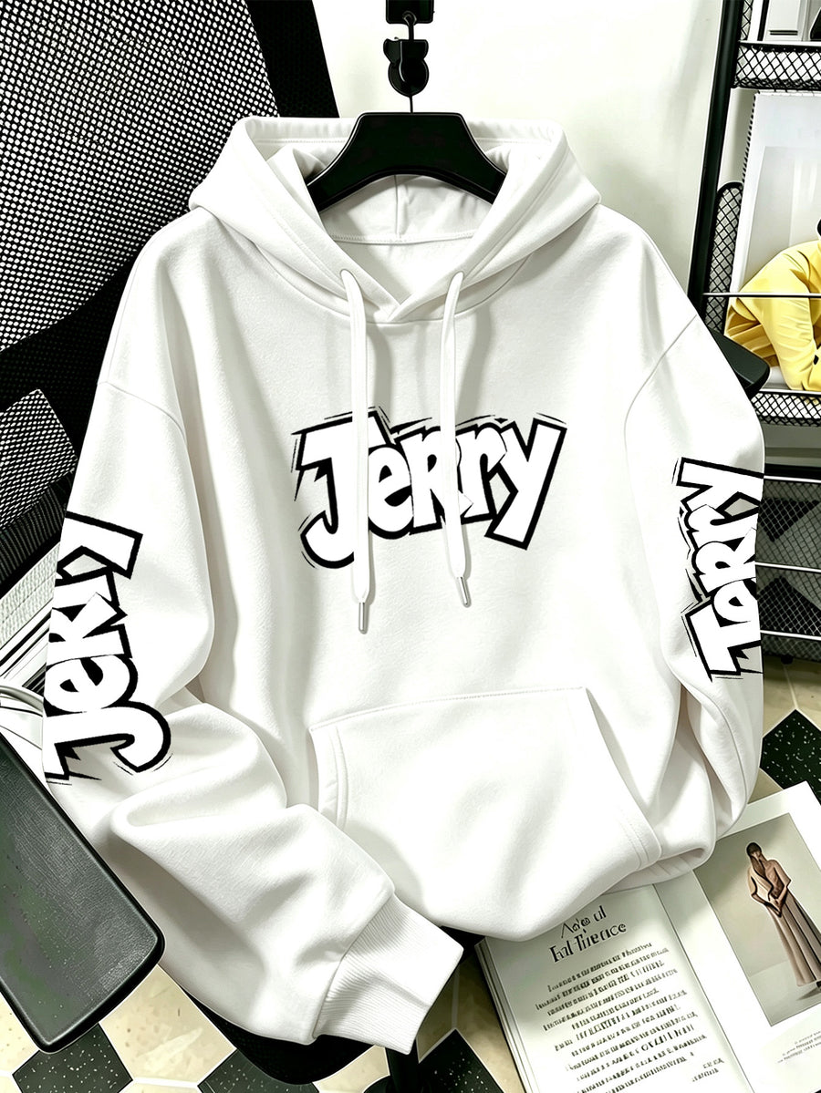 By Warner Bros., 2026 New Fun Cartoon Print, Men's Hoodie, Hooded Sweatshirt, Kangaroo Pocket and Drawstring Hat, Suitable for Daily and Outdoor Sports Wear, Autumn and Winter Warm Jacket, Fashionable Jacket - White
