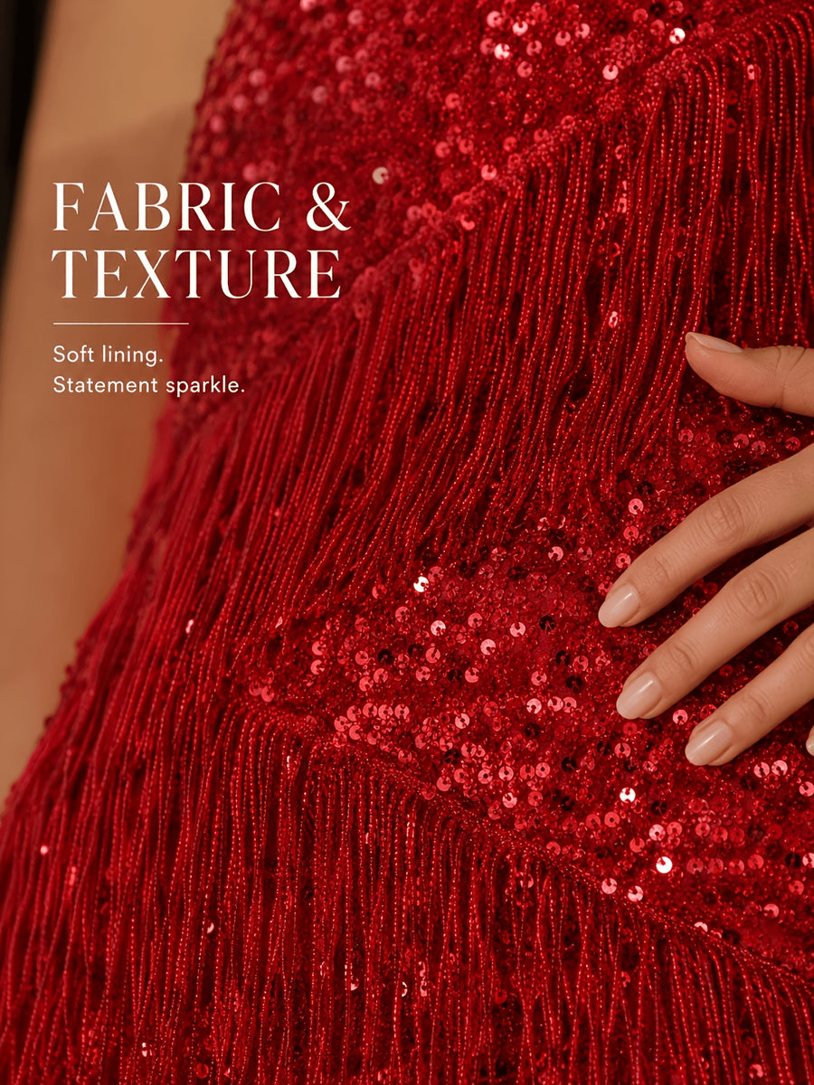 Crop Top Bodycon Sequin Fringe Mini Skirt Dress with Backless Zipper for Nightclub Parties, Sexy Crop Top Bodycon Sequin and Bead Fringe Mini Skirt Dress with Backless Design for Clubbing and Parties - Red
