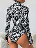 Women'S Body Suit Leopard Print Long Sleeve High Neck Comfortable Base Layer Jumpsuit - Black And White Leopard Print