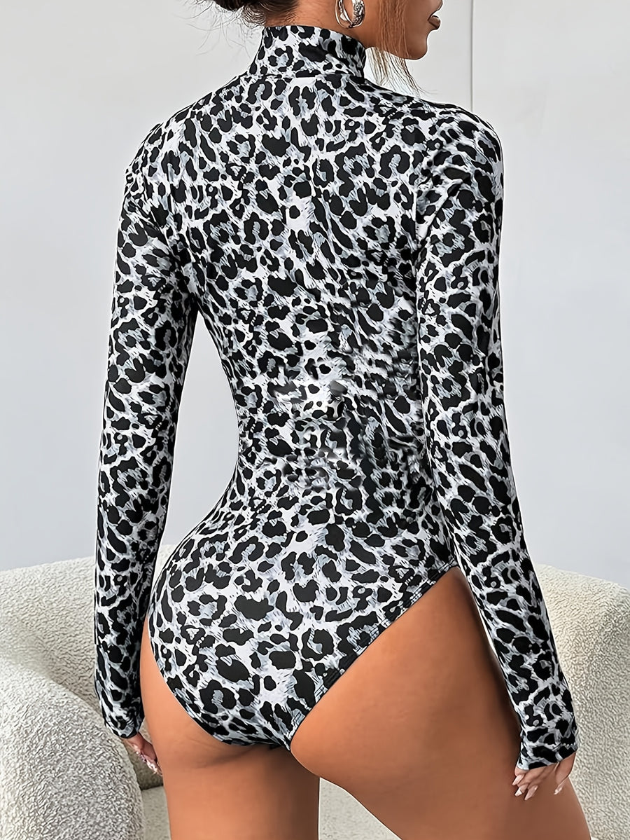 Women'S Body Suit Leopard Print Long Sleeve High Neck Comfortable Base Layer Jumpsuit - Black And White Leopard Print