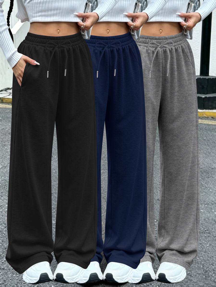 3pcs Women'S Jogging Pants, Elastic-Waistband Wide-Leg Casual Pants with Side Pockets, Light Sweatpants, Suitable for Daily And Formal Wear, Machine-Washable Non-Sheer Fabric, Joggers - Black+blue+dark Gray